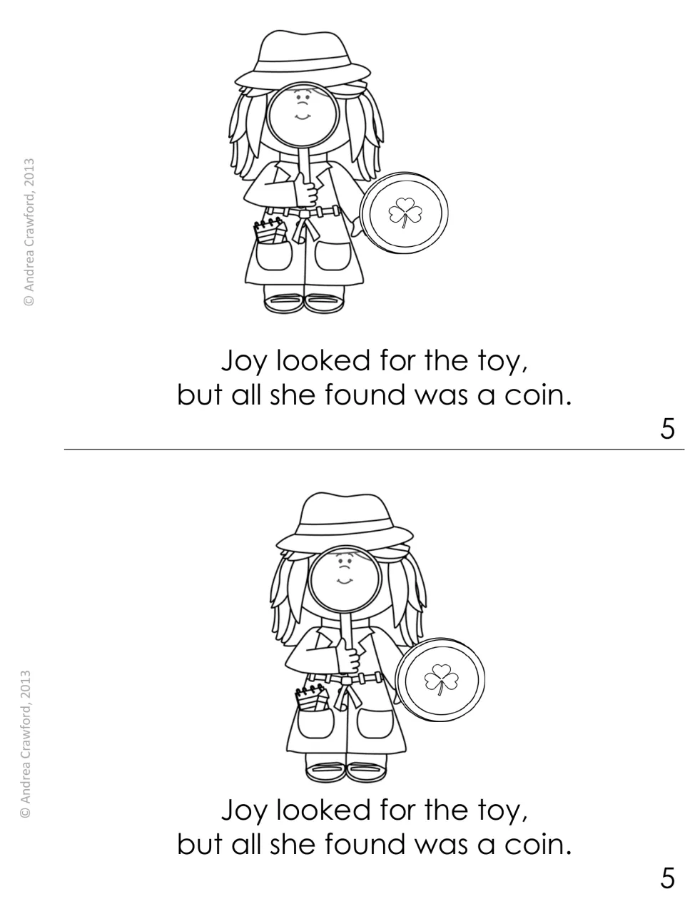 Booklet page 5, printed twice: Joy searches with a magnifying glass but finds only a coin; reading oi/oy in toy and coin