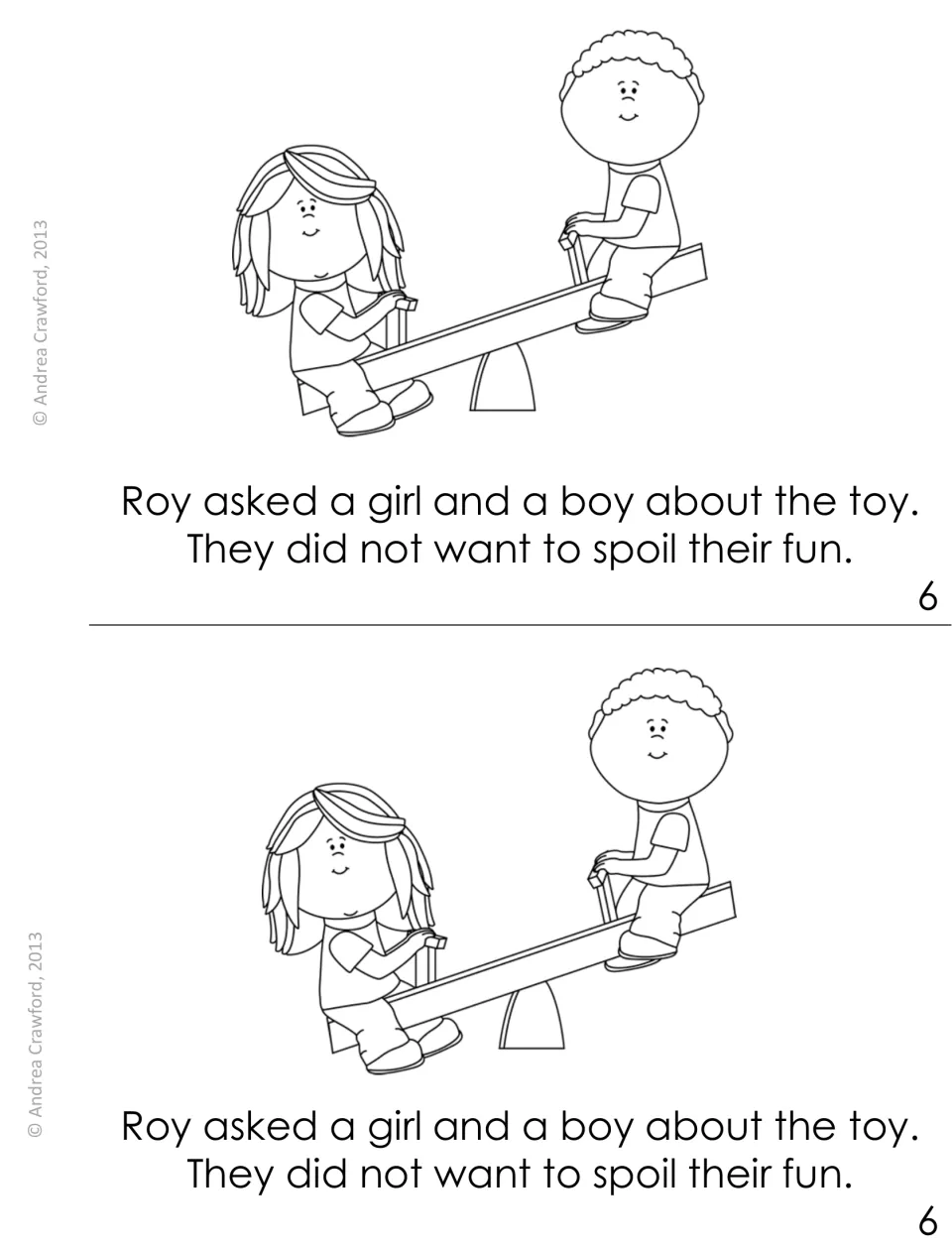Booklet page 6, printed twice: Roy asks a girl and a boy on a seesaw about the toy; oi/oy words boy, toy and spoil