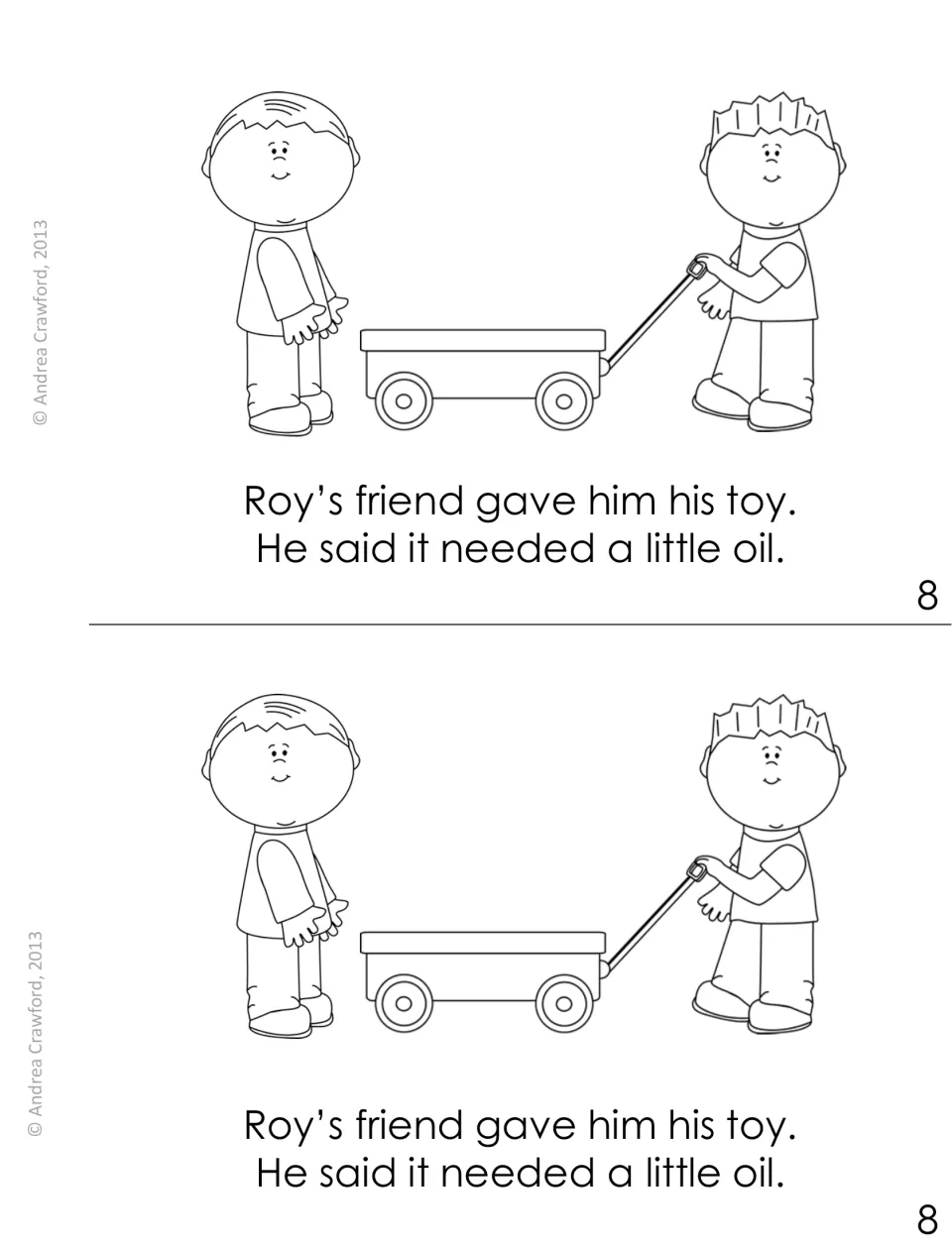 Booklet page 8, printed twice: Roy's friend returns his toy wagon and says it needs a little oil; oi/oy in toy and oil