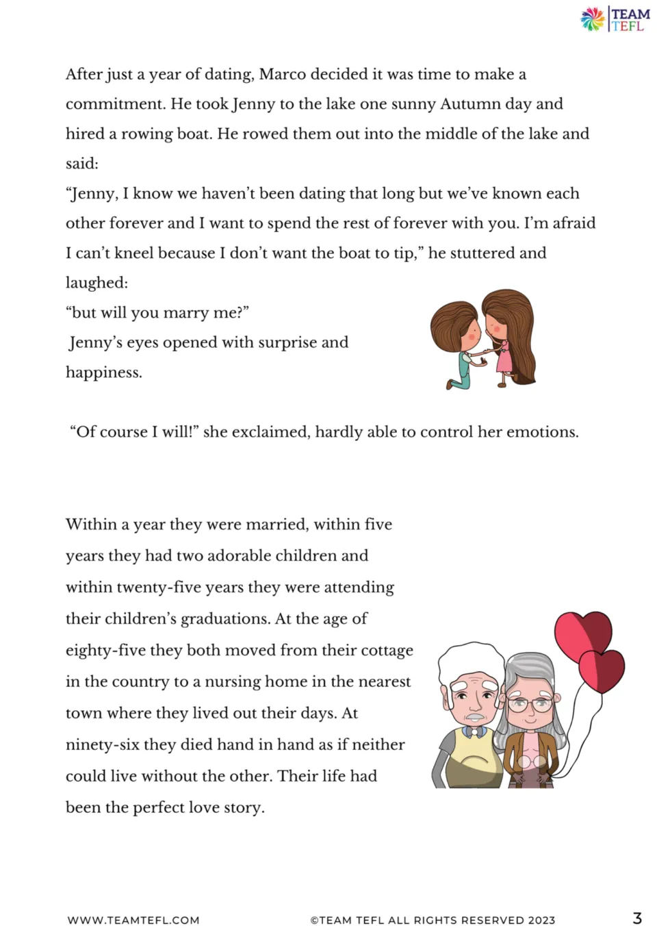 Story ending: Marco proposes on a lake, and the couple marry, raise two children, and grow old together.