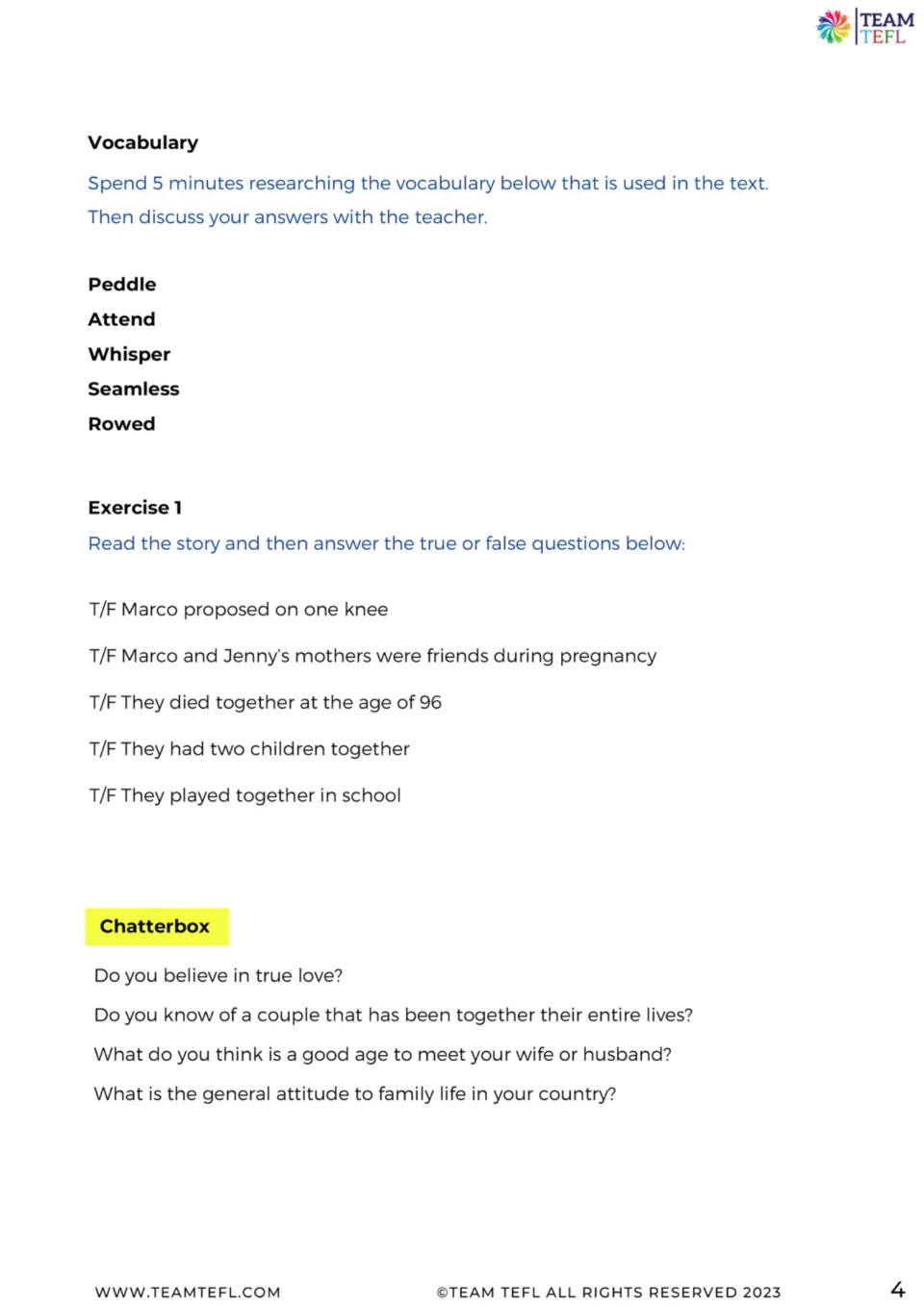 Story follow-up: five vocabulary words, five true-or-false statements, and four prompts on love and family.