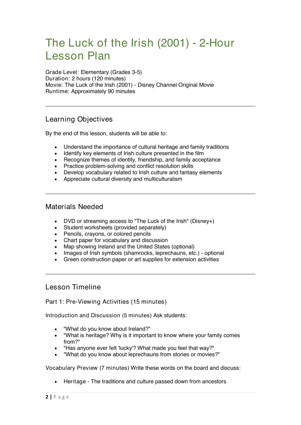 Lesson plan opening: learning objectives, materials, heritage discussion prompts, and vocabulary preview