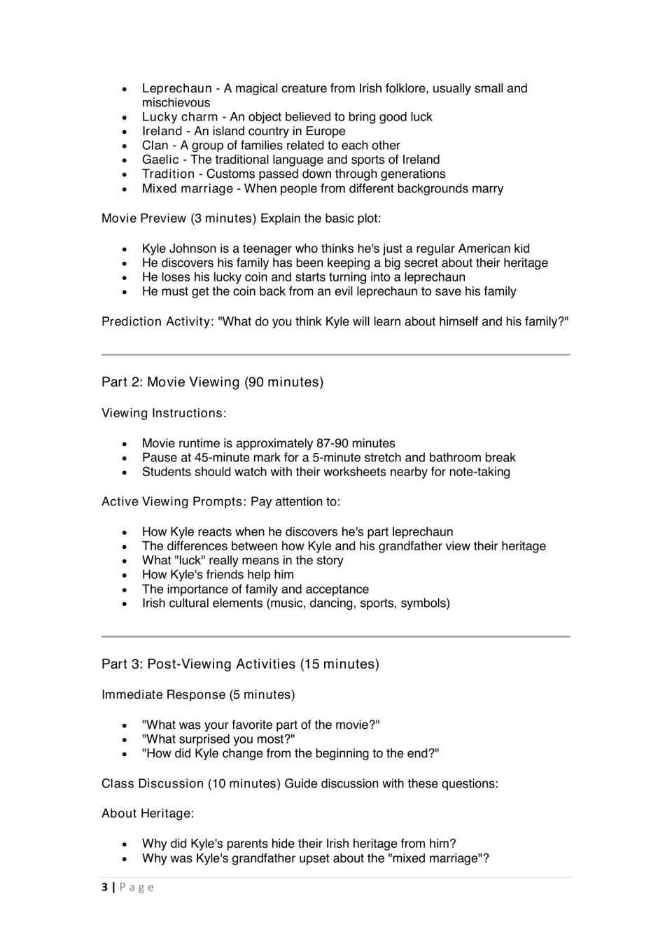 Lesson plan continuation: vocabulary, plot preview, active viewing prompts, and post-viewing discussion