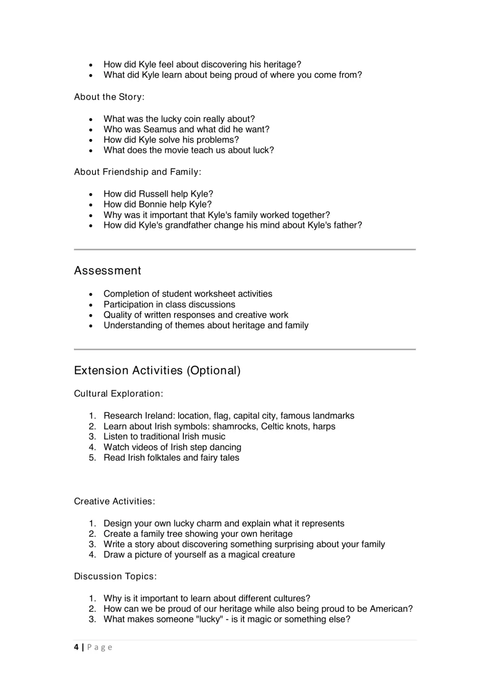 Lesson plan discussion questions about heritage, story, and friendship, plus assessment and extensions