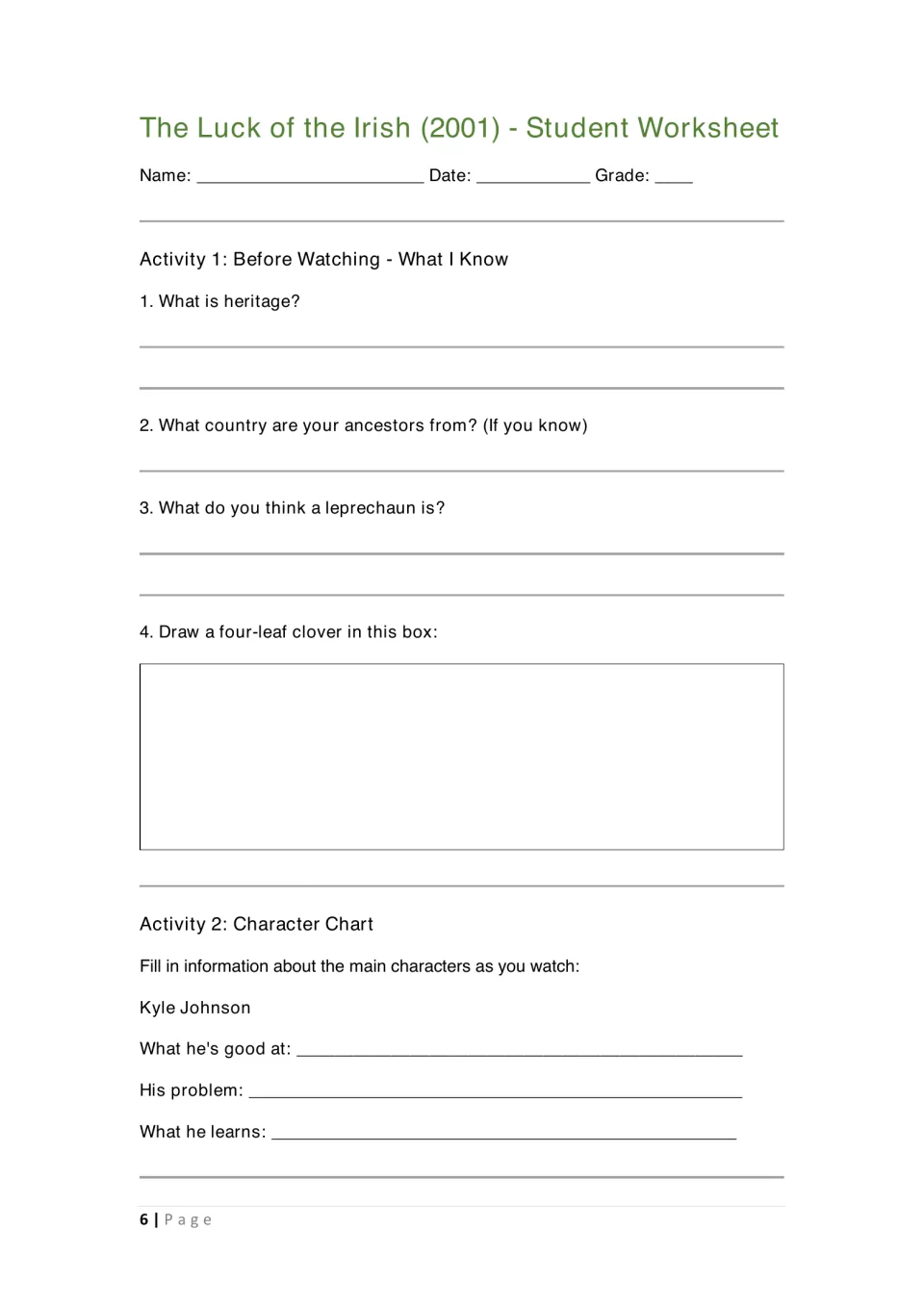 Student activities 1–2: heritage and leprechaun questions, a four-leaf clover drawing, and Kyle's character chart