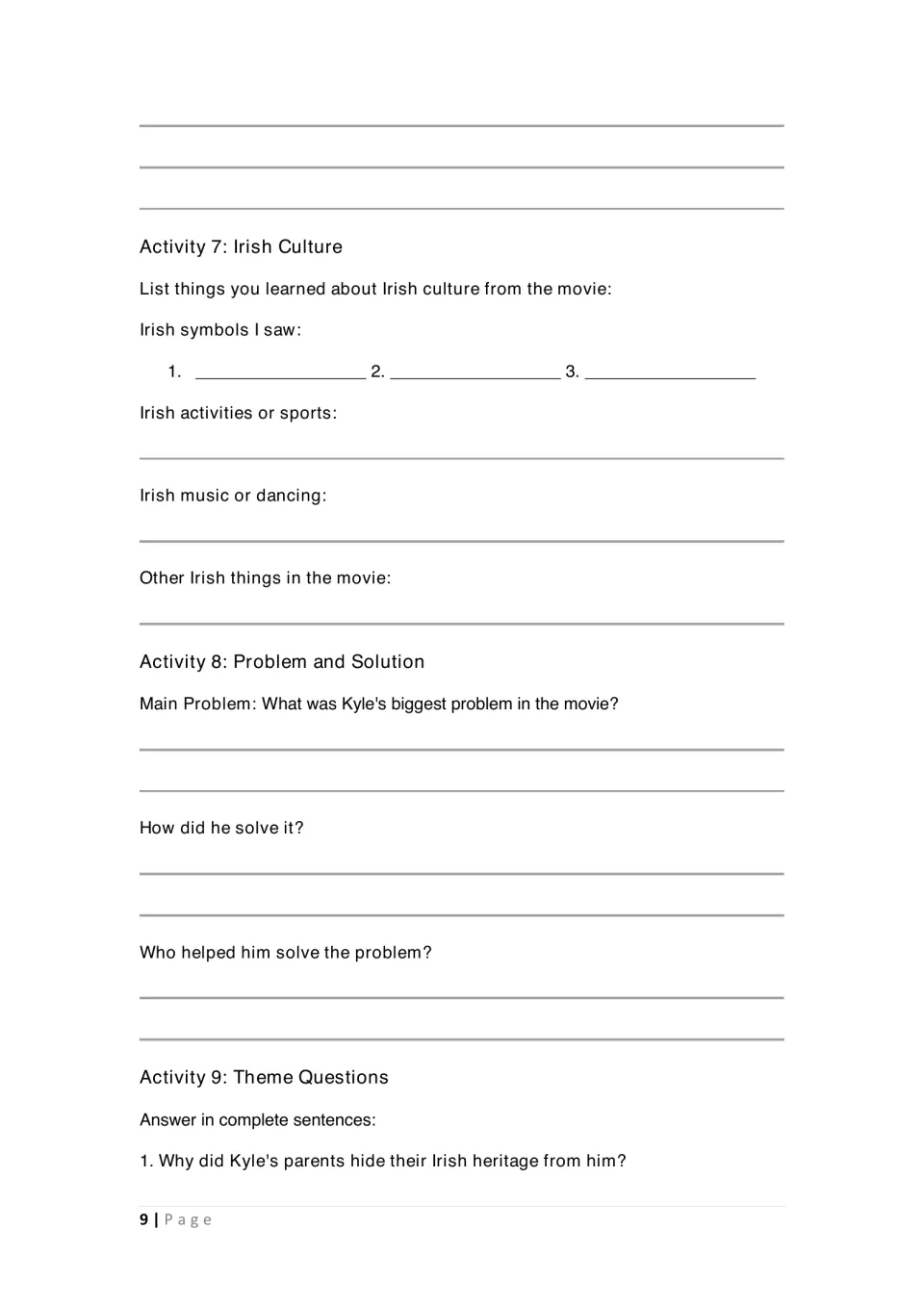 Student activities 7–9 explore Irish culture, Kyle's main problem and solution, and his family's hidden heritage