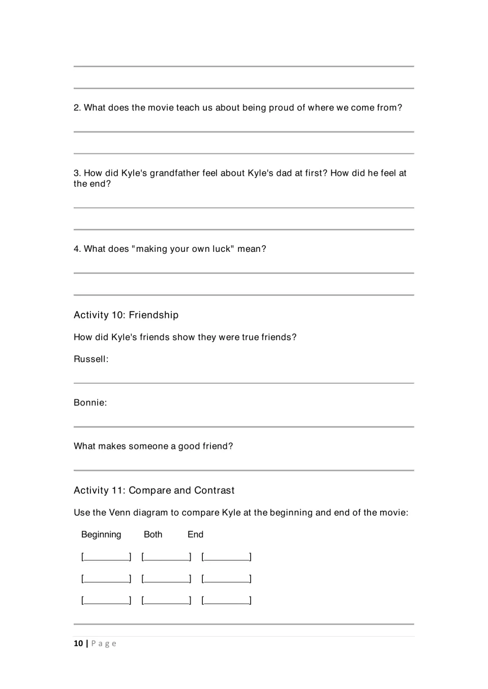 Student activities 9–11 continue theme questions, examine friendship, and compare Kyle before and after