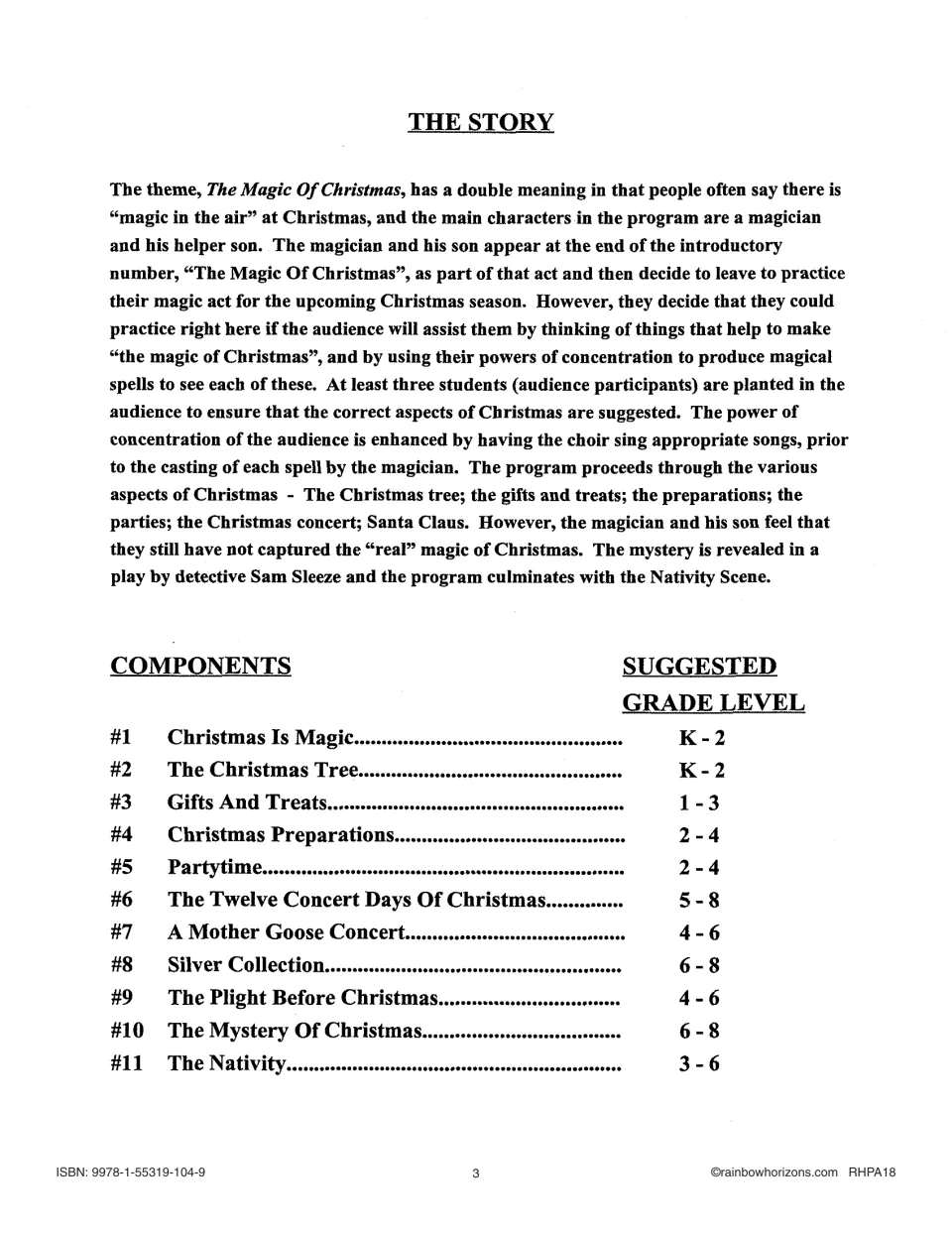 The Story summary of the magician and son, plus the list of 11 components from Christmas Is Magic to The Nativity