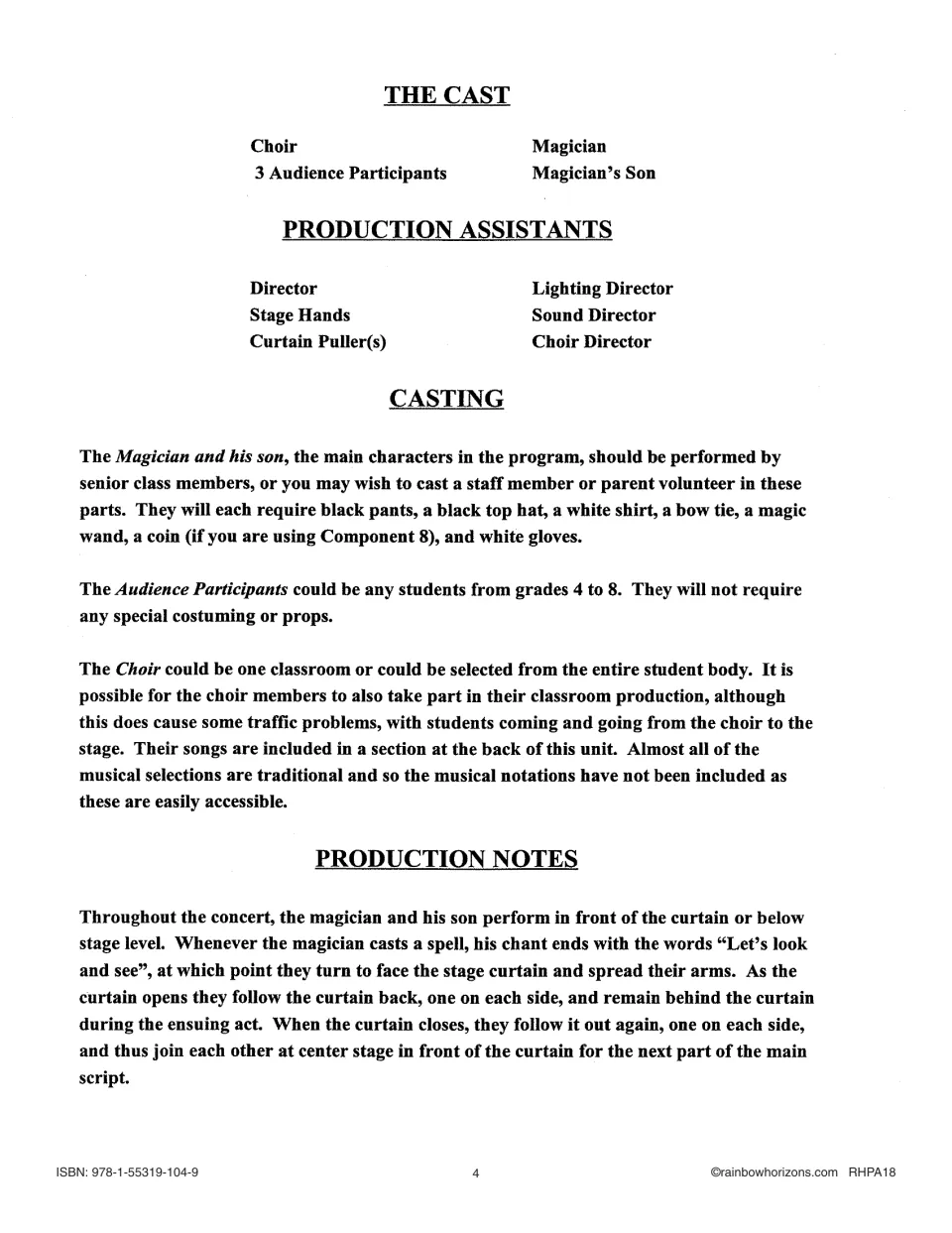 Cast list, production assistants, casting notes on the magician's costume, and production notes on curtain cues