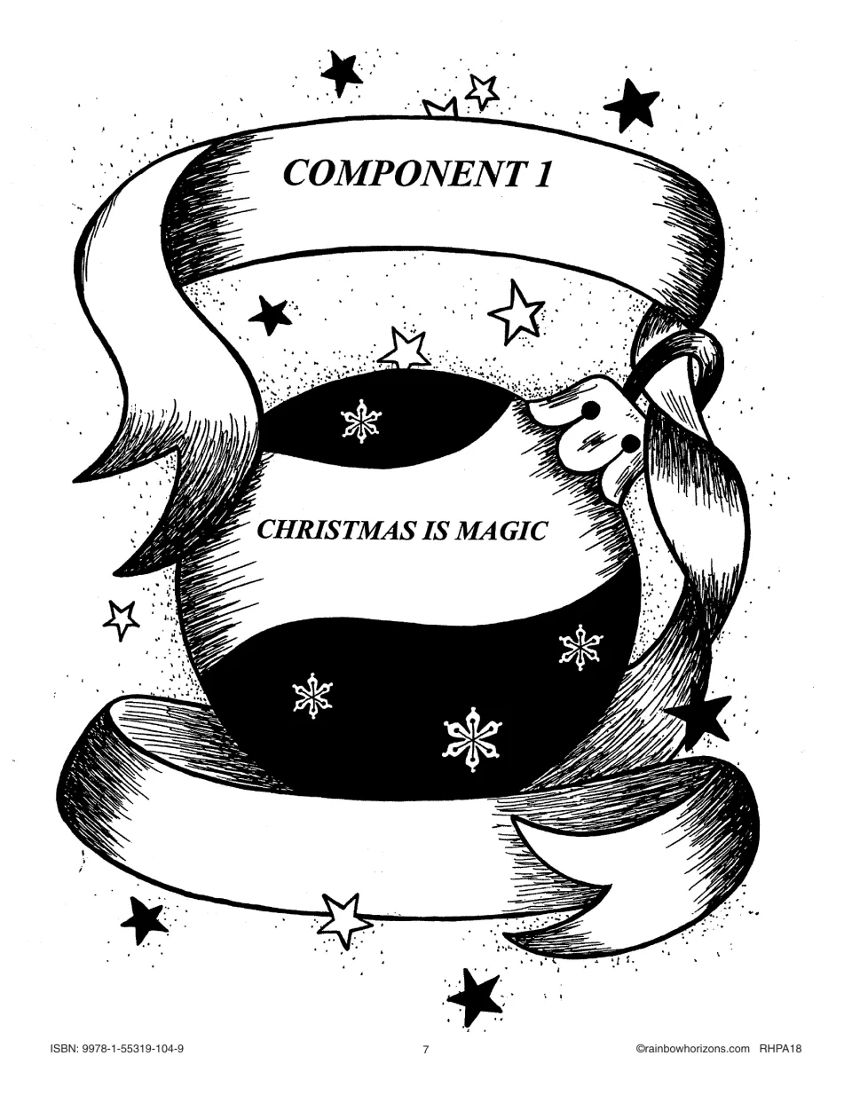 Component 1 title page, 'Christmas Is Magic', shown on a large ornament wrapped in a ribbon