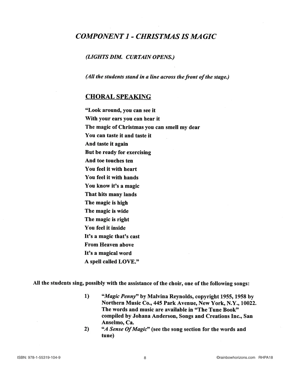 Component 1 choral speaking poem 'Look around, you can see it' ending 'A spell called LOVE', plus two song choices