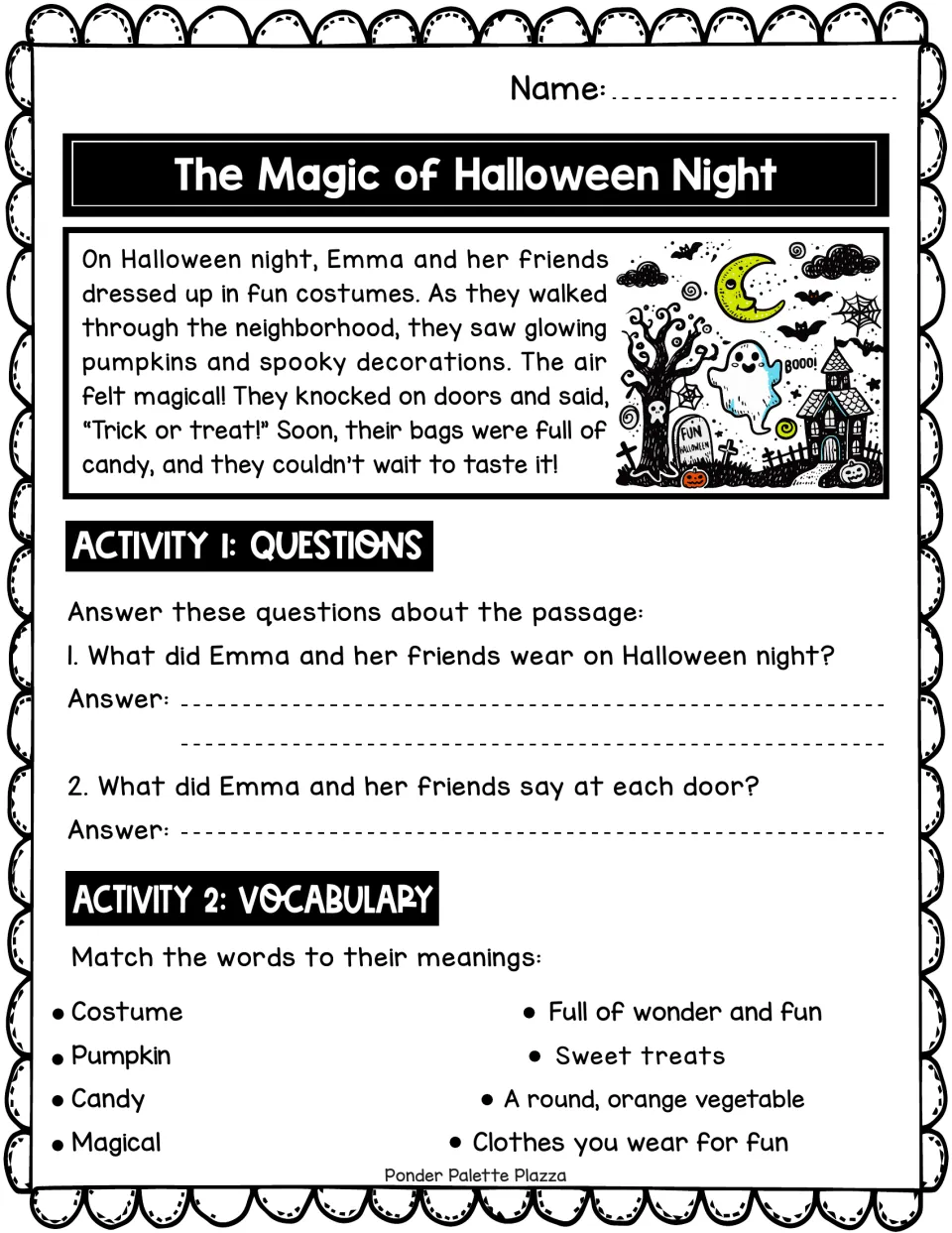 Reading passage about Emma trick-or-treating, followed by two comprehension questions and four vocabulary matches.