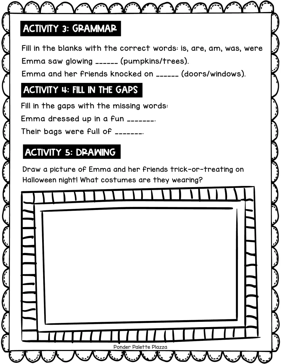 Follow-up activities: choose pumpkins or trees and doors or windows, fill two gaps, and draw trick-or-treaters.