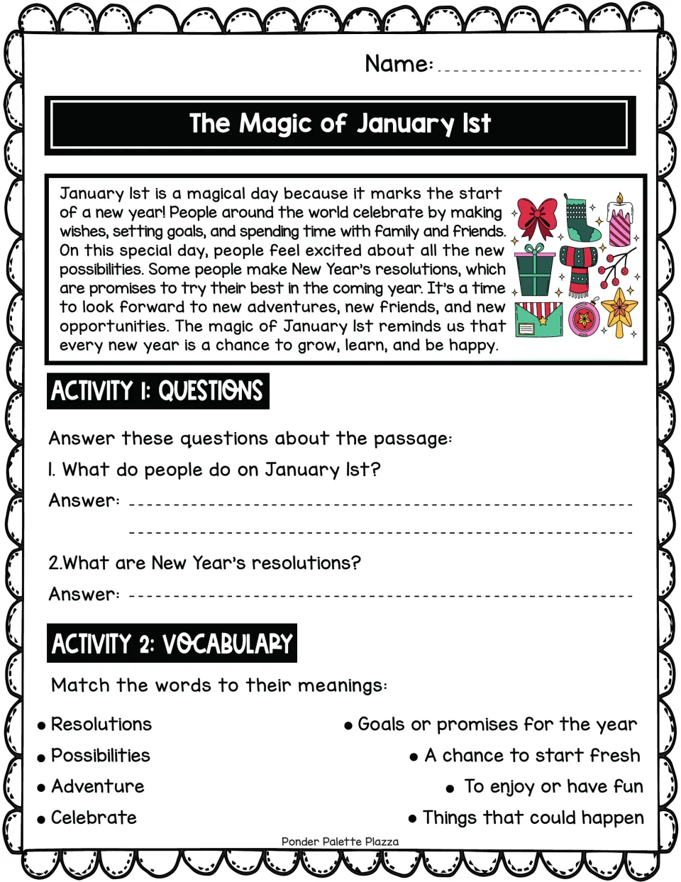 New Year's Day passage: students read about resolutions, answer 2 questions and match 4 vocabulary words to meanings