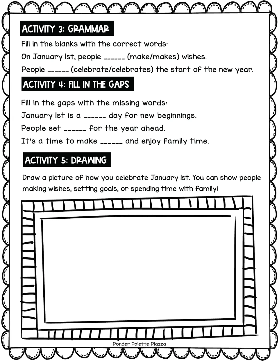 New Year grammar and cloze: students choose make/makes and celebrate/celebrates, fill gaps, then draw how they celebrate
