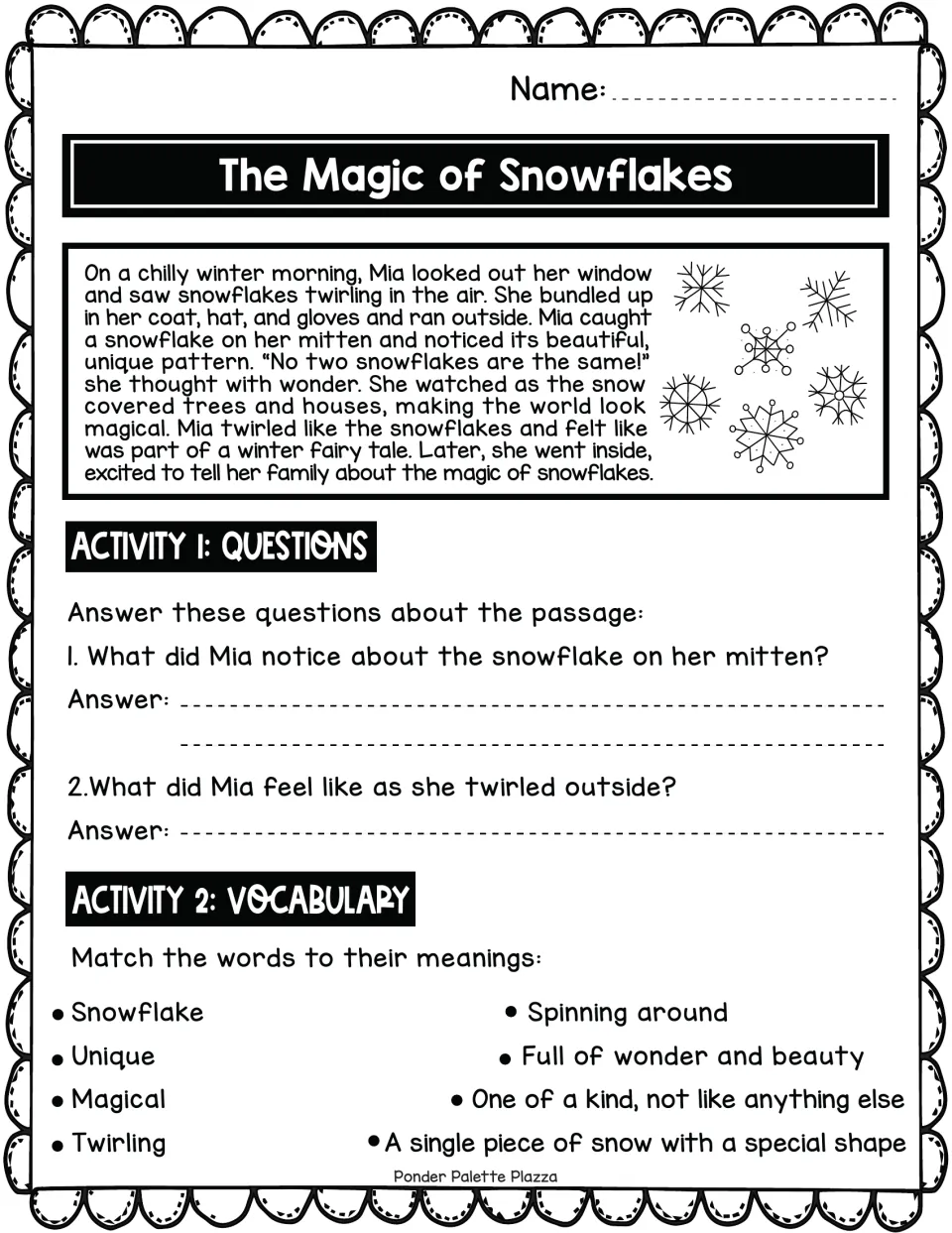 Snowflake story about Mia: students read the passage, answer 2 questions and match 4 vocabulary words to meanings