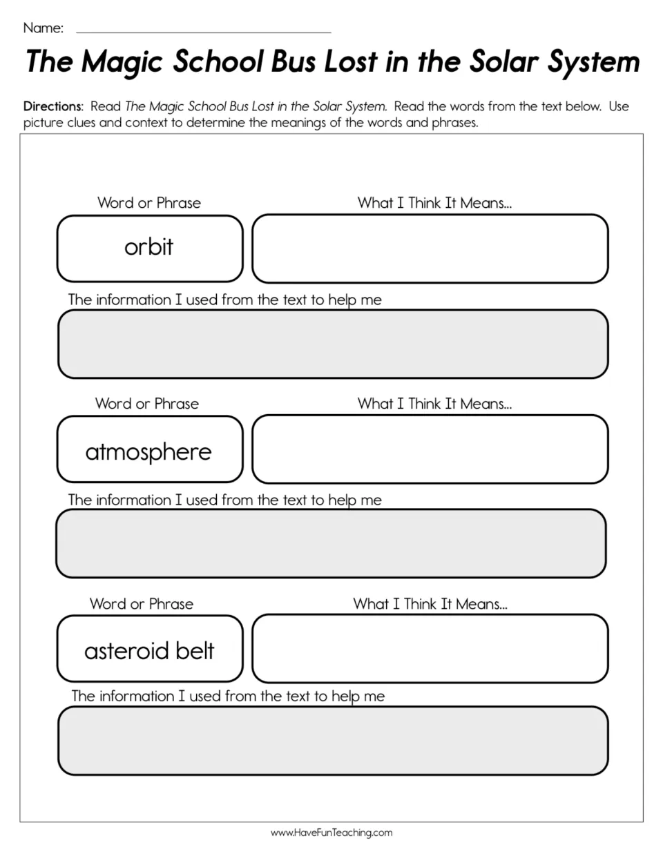 Solar system vocabulary in context: students define orbit, atmosphere and asteroid belt using clues from the book