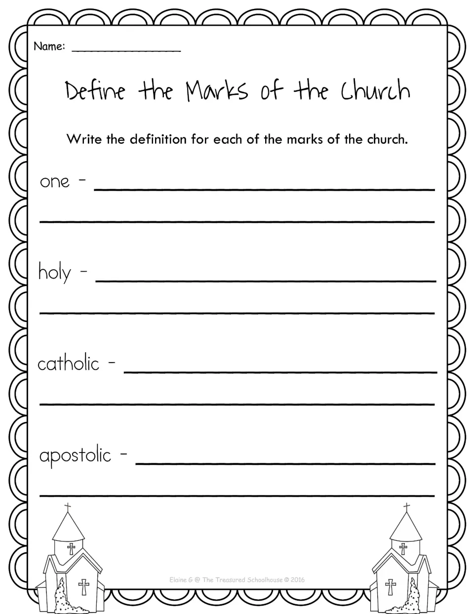 Defining the four marks of the church: students write a definition for each: one, holy, catholic and apostolic