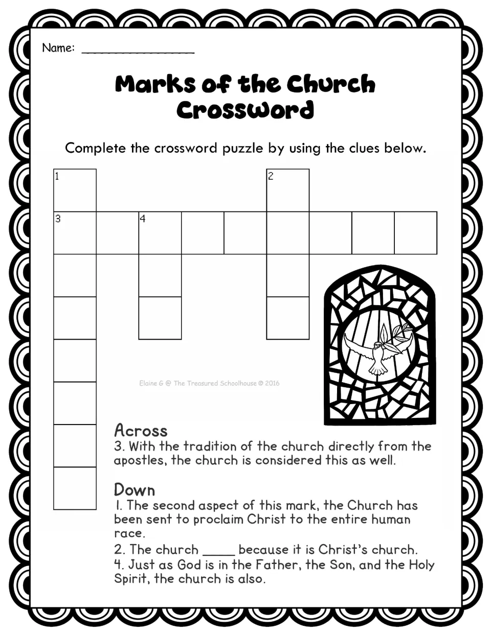 Marks of the church crossword: students solve across and down clues about the apostles and the Holy Spirit