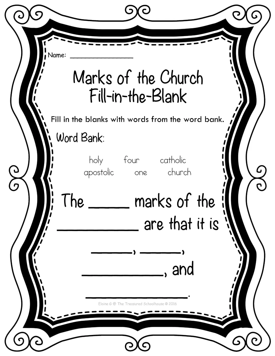 Marks of the church fill-in-the-blank: students complete a sentence about the four marks using a word bank of six words
