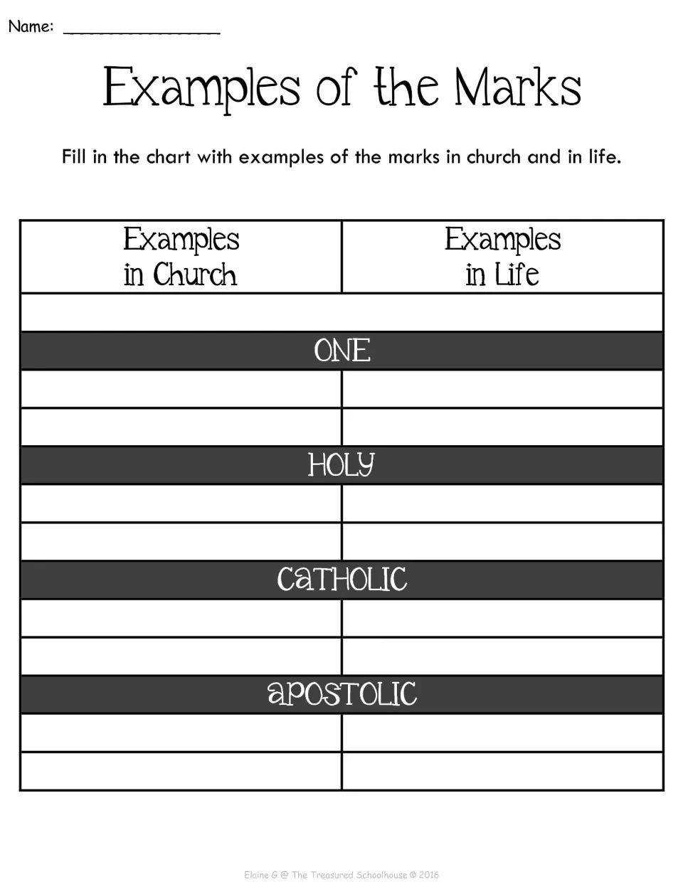 Examples of the marks: students fill a chart with examples in church and in life for one, holy, catholic and apostolic