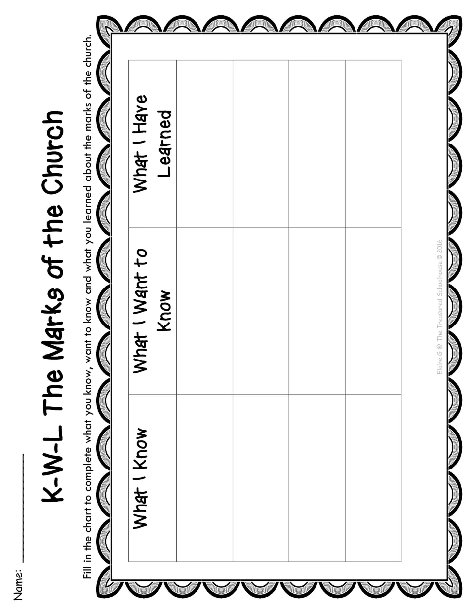 K-W-L chart on the marks of the church: students record what they know, want to know and have learned