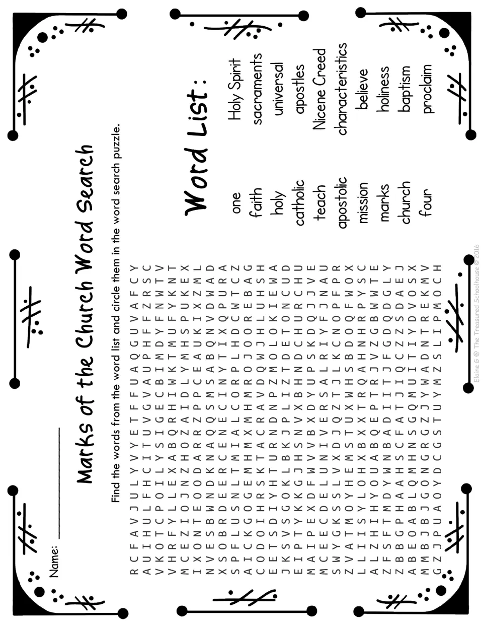 Marks of the church word search: students find and circle 20 listed words such as faith, apostles and baptism