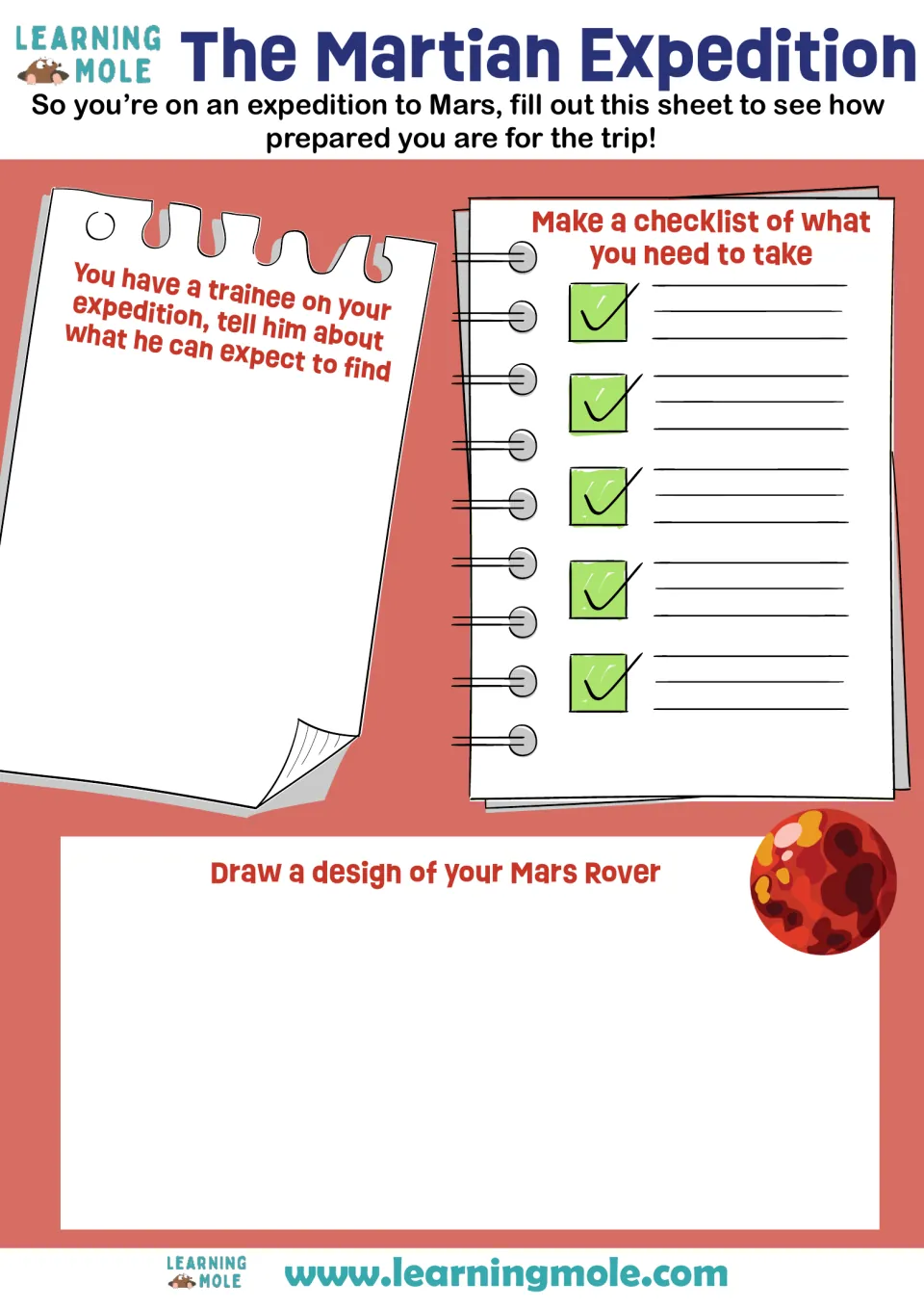Mars expedition planning: students tell a trainee what to expect on Mars, list 5 items to pack and draw a Mars rover