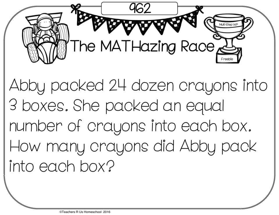 Problem card 962: students find how many crayons Abby packs in each of 3 boxes from 24 dozen, multiplying then dividing