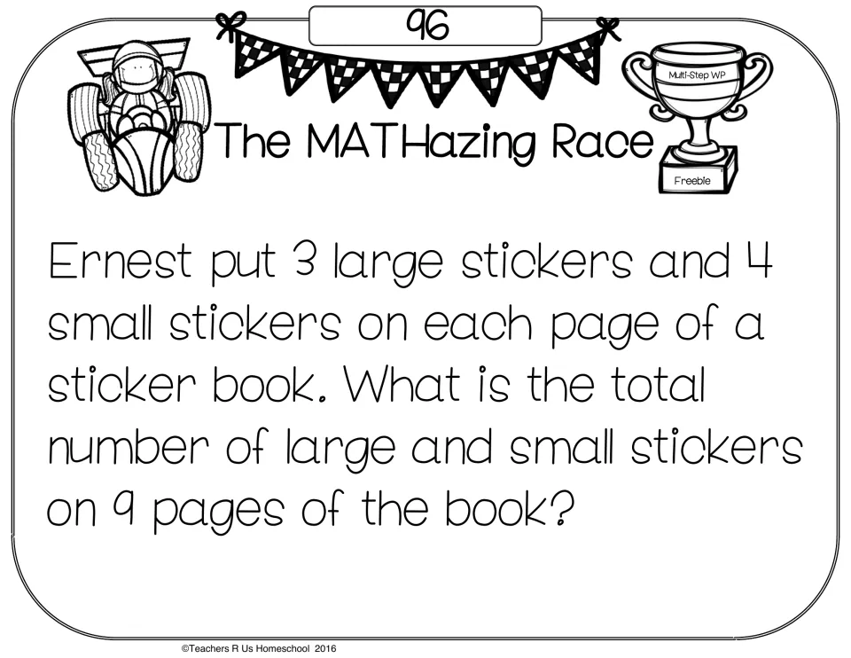 Problem card 96: students total the large and small stickers on 9 sticker-book pages that each hold 3 large and 4 small