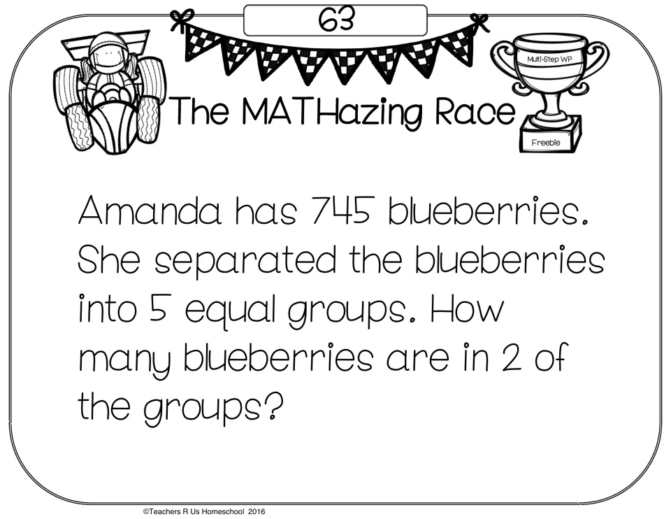 Problem card 63: students split 745 blueberries into 5 equal groups, then find how many berries are in 2 of the groups