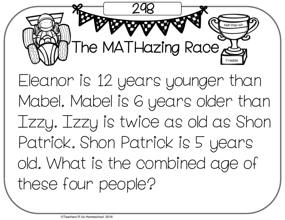 Problem card 298: students work out four people's ages from clues like twice as old and 12 years younger, then add them