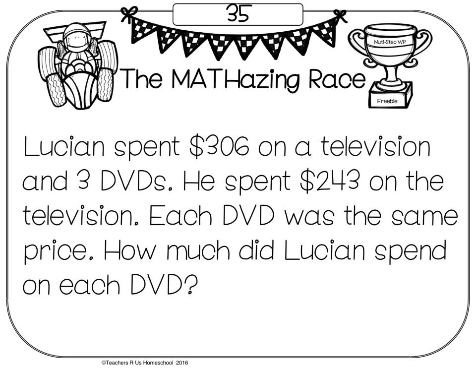 Problem card 35: Lucian spent $306 on a TV and 3 DVDs; students subtract the $243 TV and divide to price each DVD