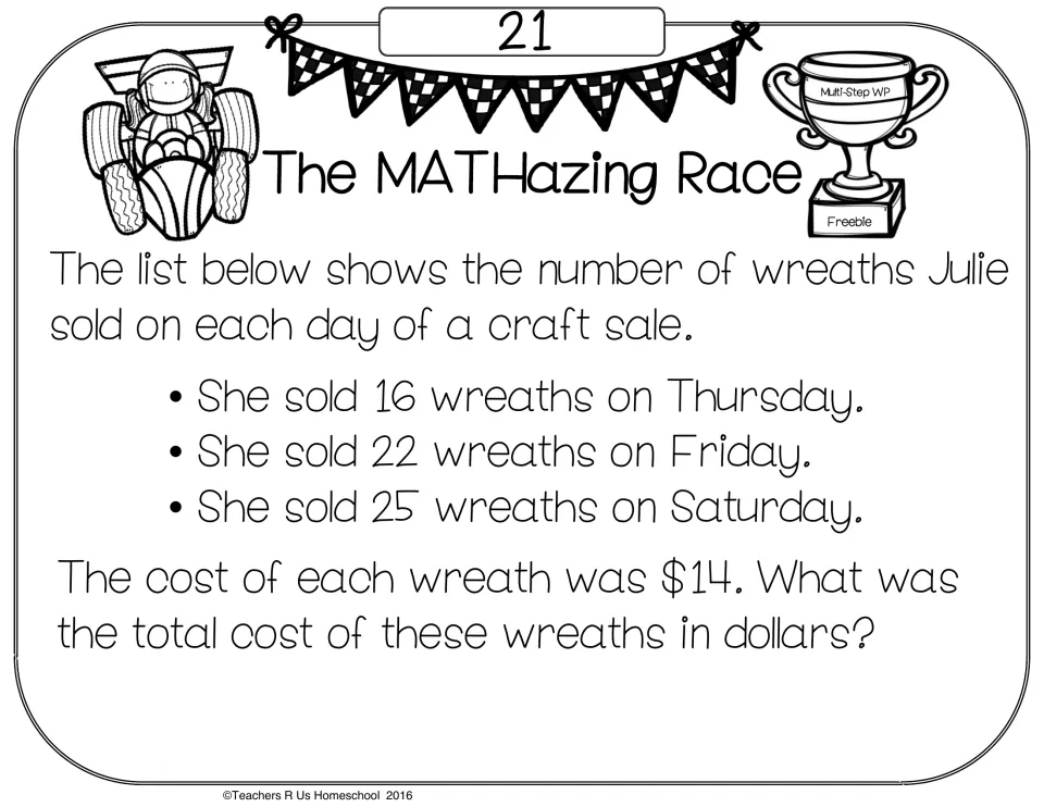 Problem card 21: students add wreaths Julie sold Thursday to Saturday (16, 22, 25) and multiply by $14 for the total
