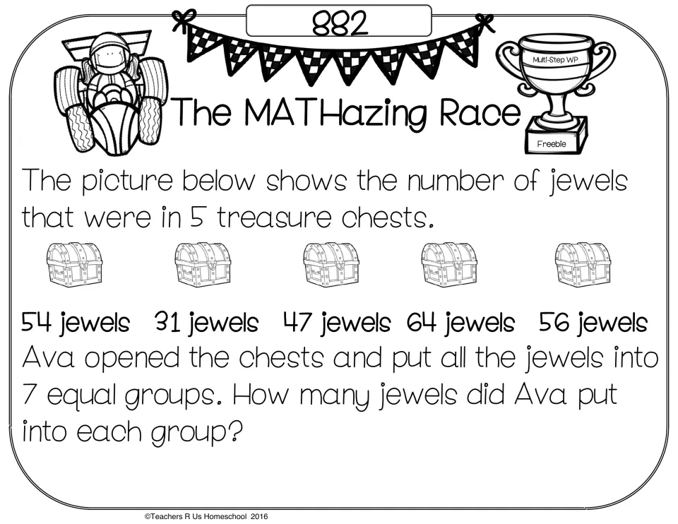 Problem card 882: students add jewels from 5 treasure chests (54, 31, 47, 64, 56) and divide them into 7 equal groups