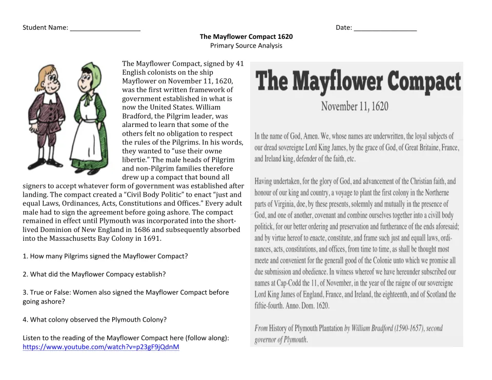 Mayflower Compact 1620 reading: students read the source text and background, then answer 4 comprehension questions