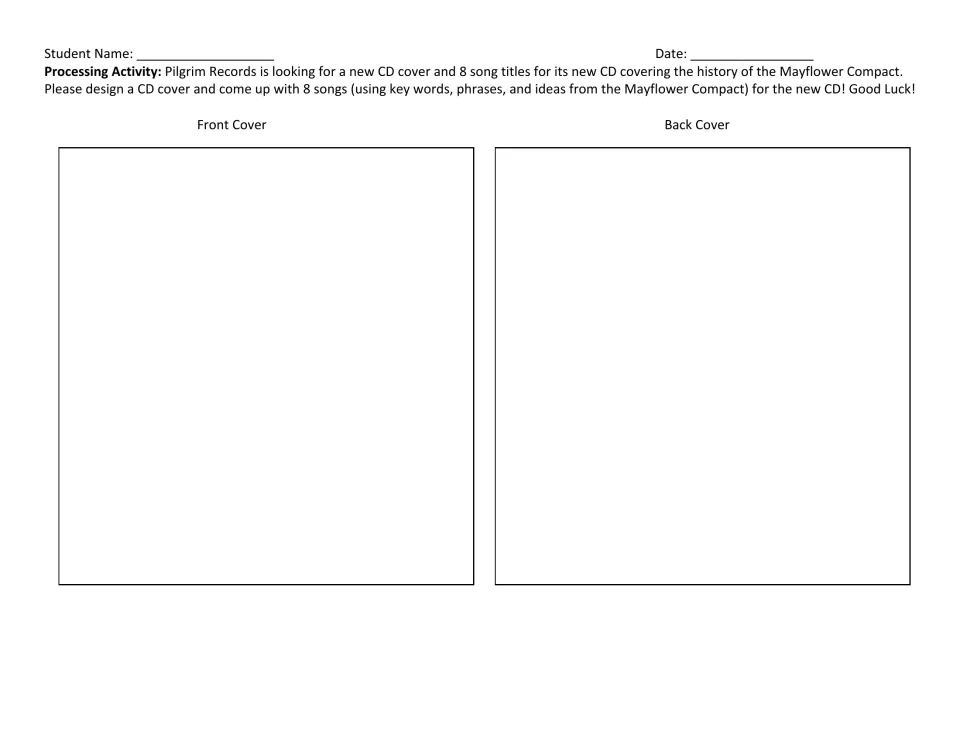 Pilgrim Records CD task: students design front and back covers and write 8 song titles using Mayflower Compact ideas