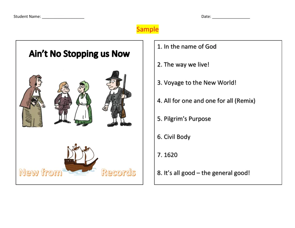Sample CD project: cover titled Ain't No Stopping us Now with Pilgrims and ship, plus 8 song titles like Civil Body