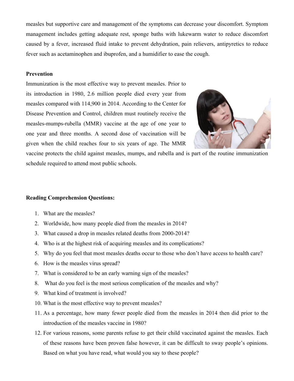 Final article page covers symptom management and vaccination, followed by 12 reading comprehension questions