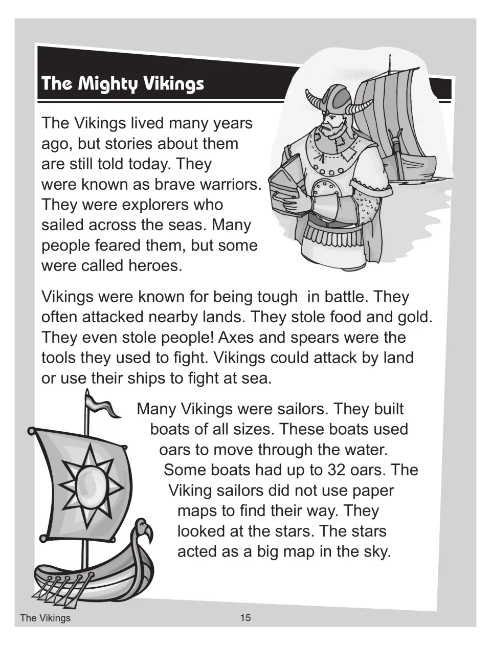 Viking reading passage: students read how Vikings fought with axes and spears, sailed oared boats and used stars to navigate