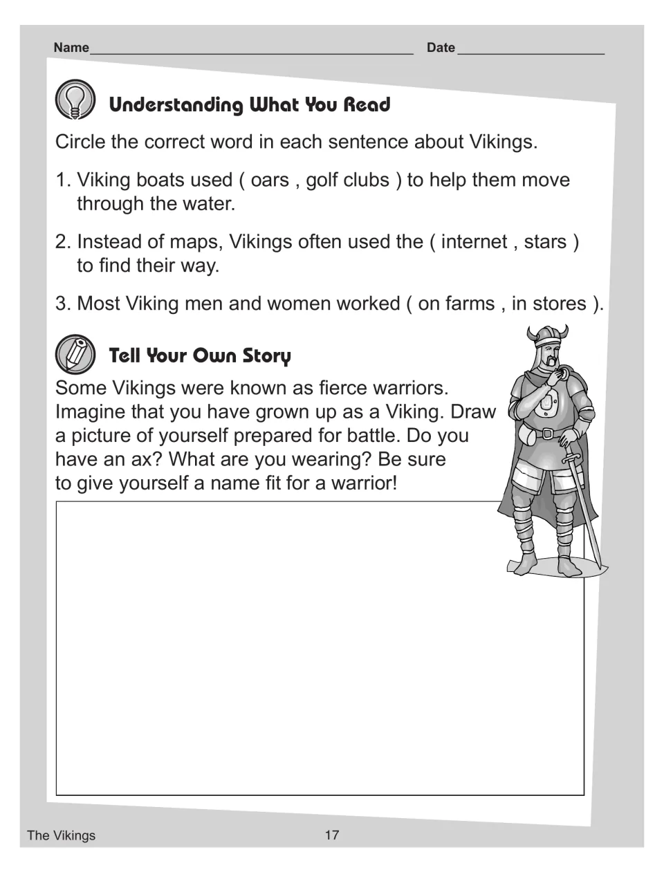 Viking comprehension: students circle the correct word in 3 sentences, then draw and name themselves as a warrior
