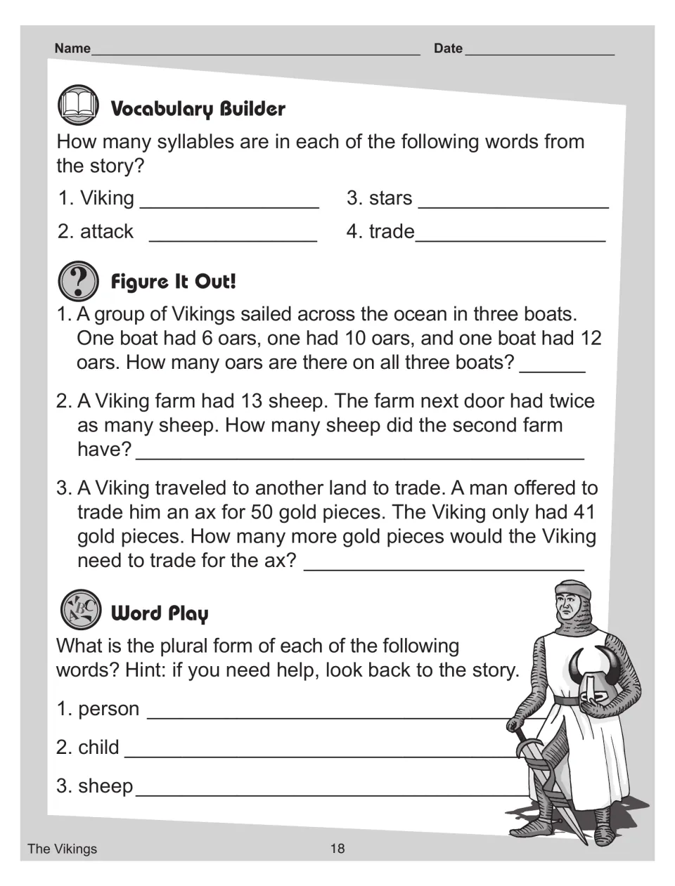 Viking skills: students count syllables in 4 words, solve 3 word problems about oars, sheep and gold, and write plurals