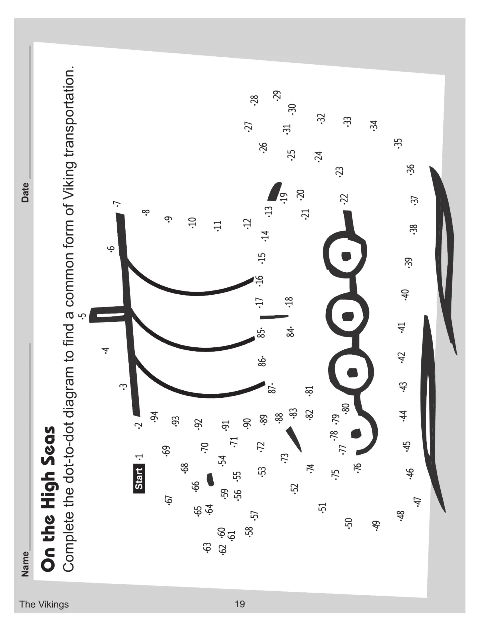On the High Seas dot-to-dot: students connect numbered dots 1 to 94 to reveal a Viking longship with shields