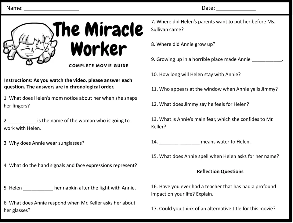 Movie guide questions 1–17 about Helen and Annie, including 15 viewing questions and two reflection prompts.