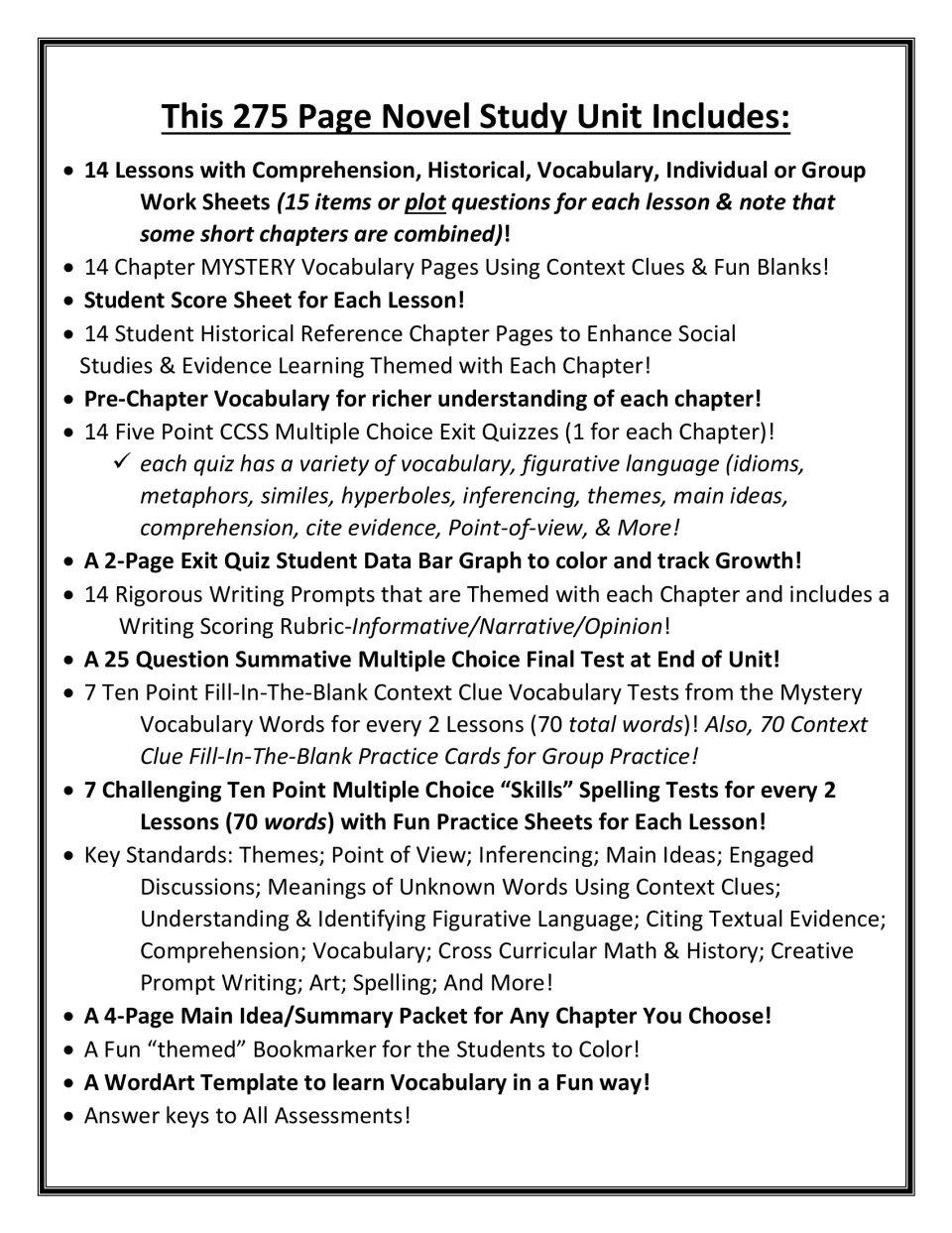 Unit contents list: 14 lessons, mystery vocabulary pages, exit quizzes, writing prompts, spelling tests and a final test