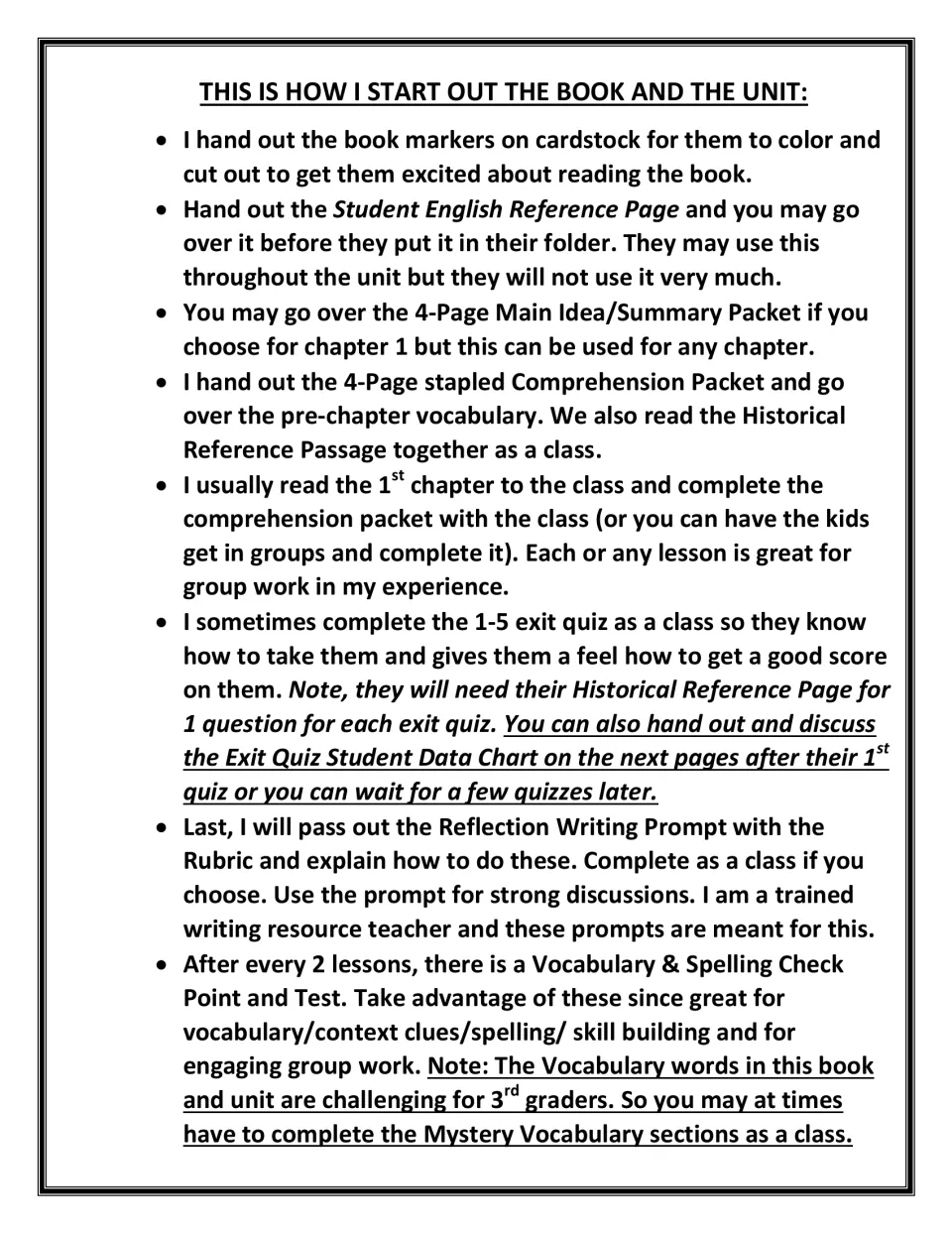 How to start the book and unit: bookmarks, reference page, comprehension packet, first exit quiz and reflection prompt