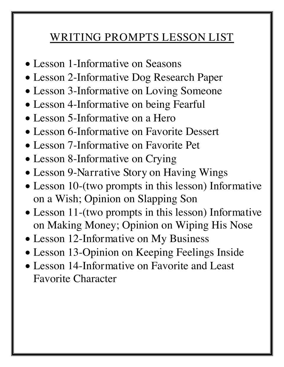 Writing prompts lesson list naming the informative, narrative or opinion prompt for each of the 14 lessons