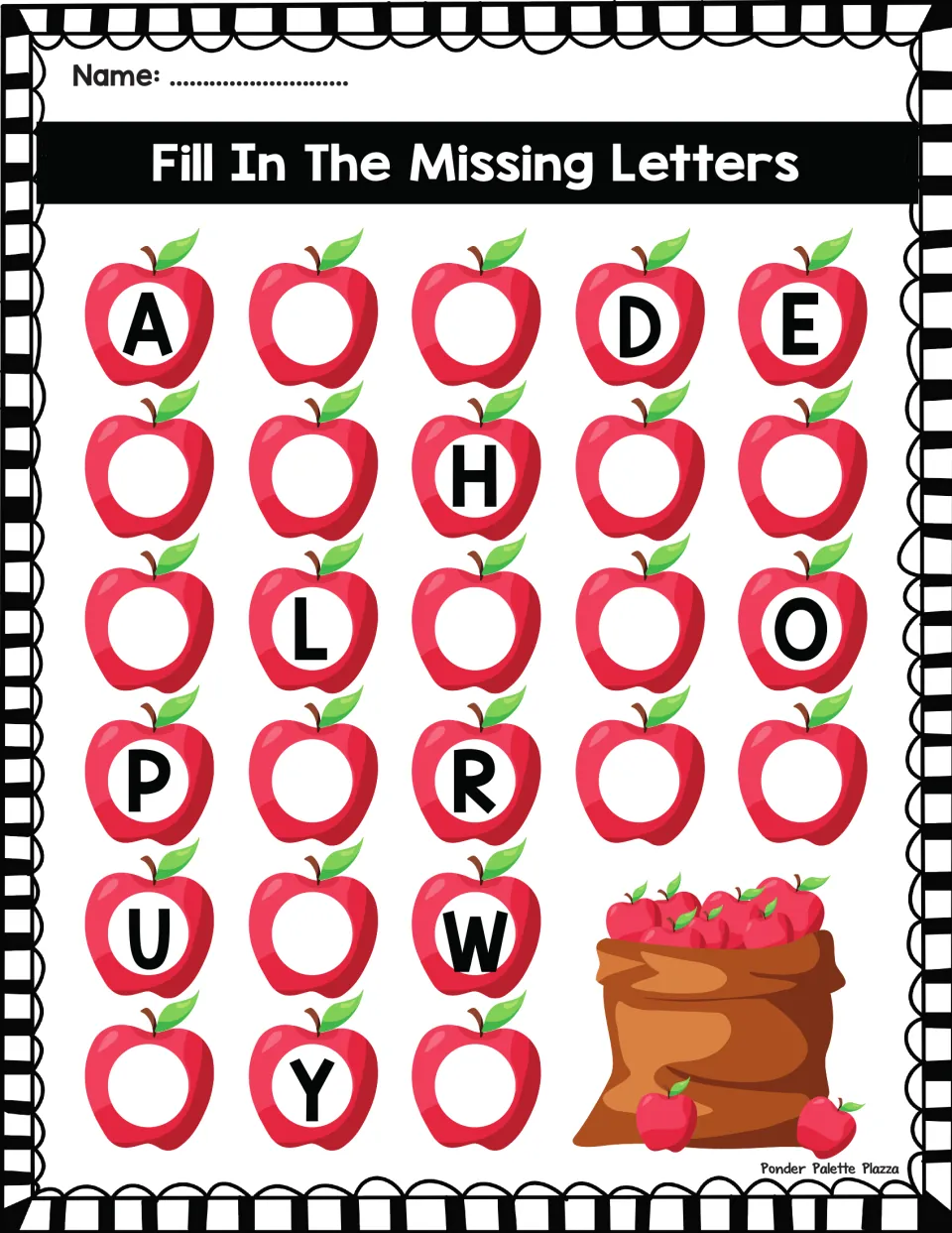 Capital letter sequencing A to Z on 26 apples: students write missing letters; A, D, E, H, L, O, P, R, U, W, Y given