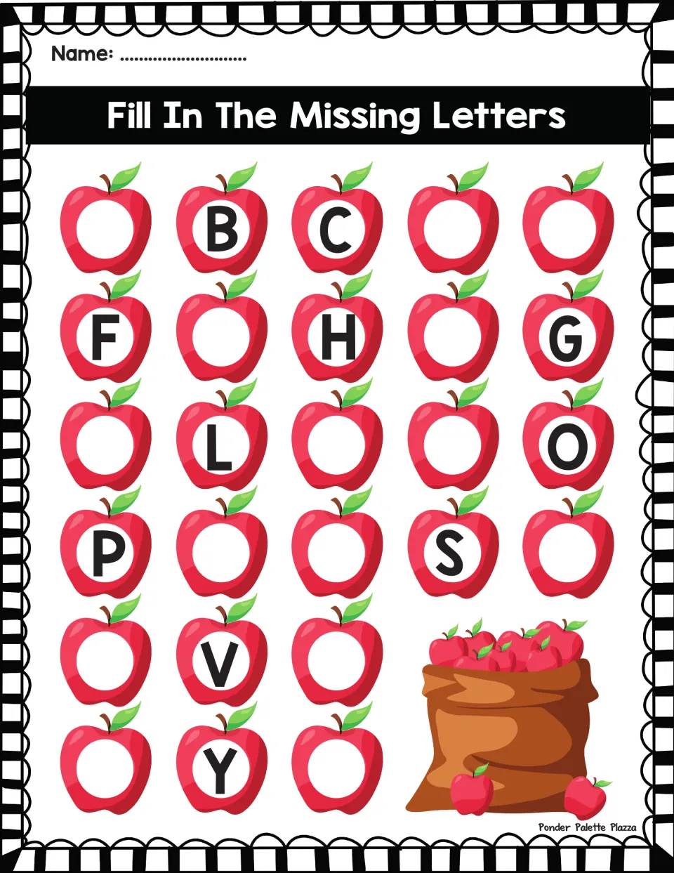 Alphabet order on apples: students fill blanks between B, C, F, H, L, O, P, S, V, Y; a G is printed in the 10th apple