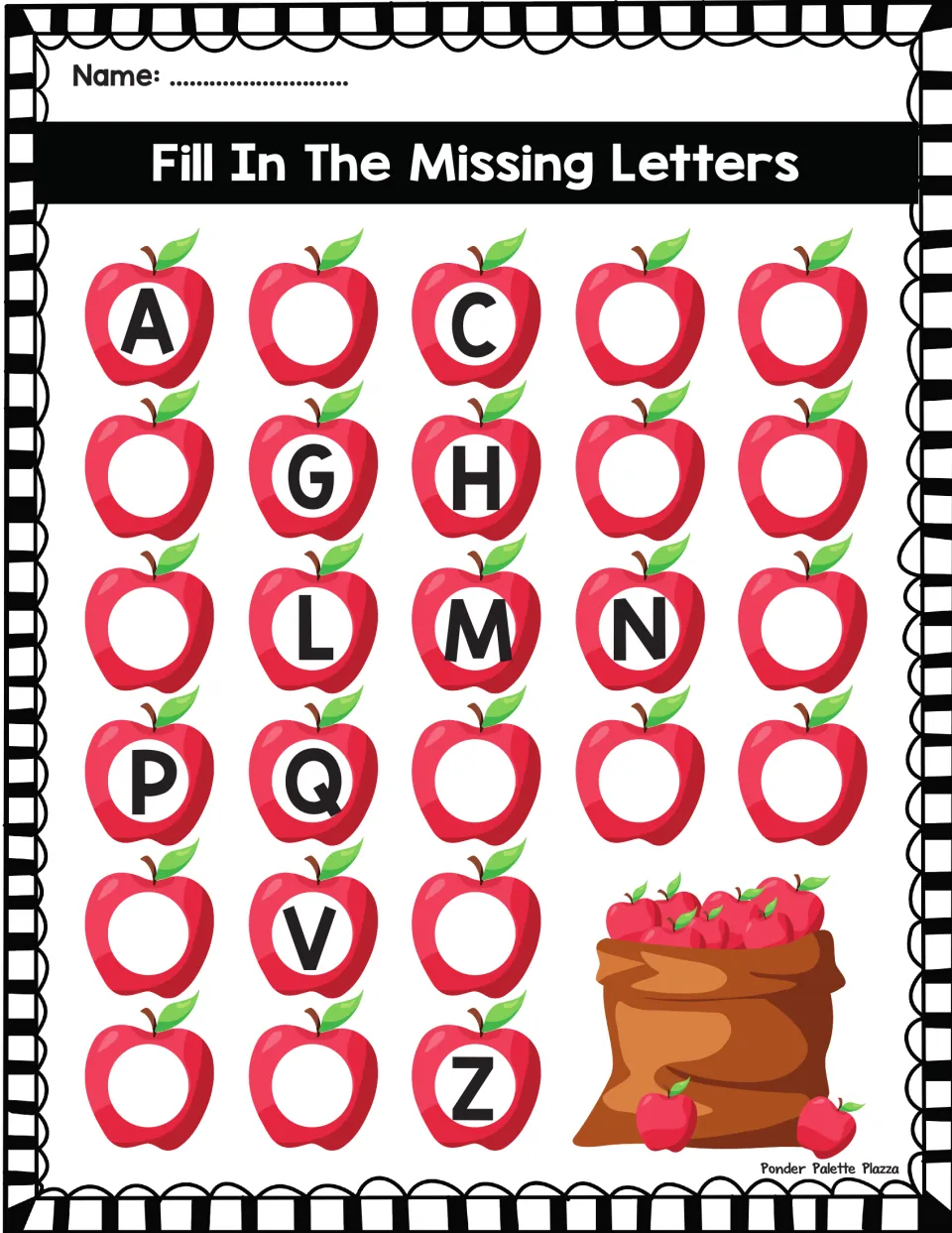 Missing capital letters A to Z: students complete the apple alphabet using A, C, G, H, L, M, N, P, Q, V and Z as clues